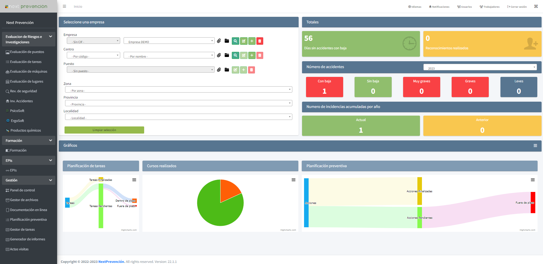 Dashboard en el software Next PRL (pantalla 1)