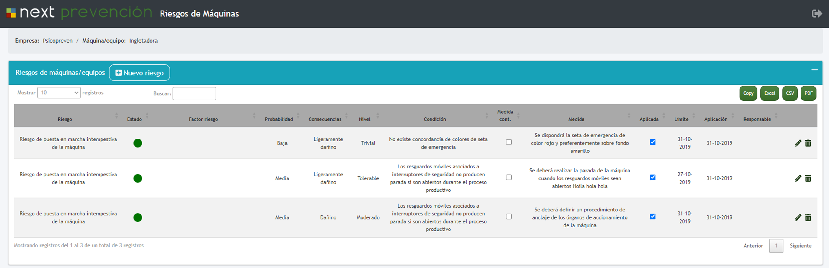Evaluación de riesgos de máquinas en el software Next PRL