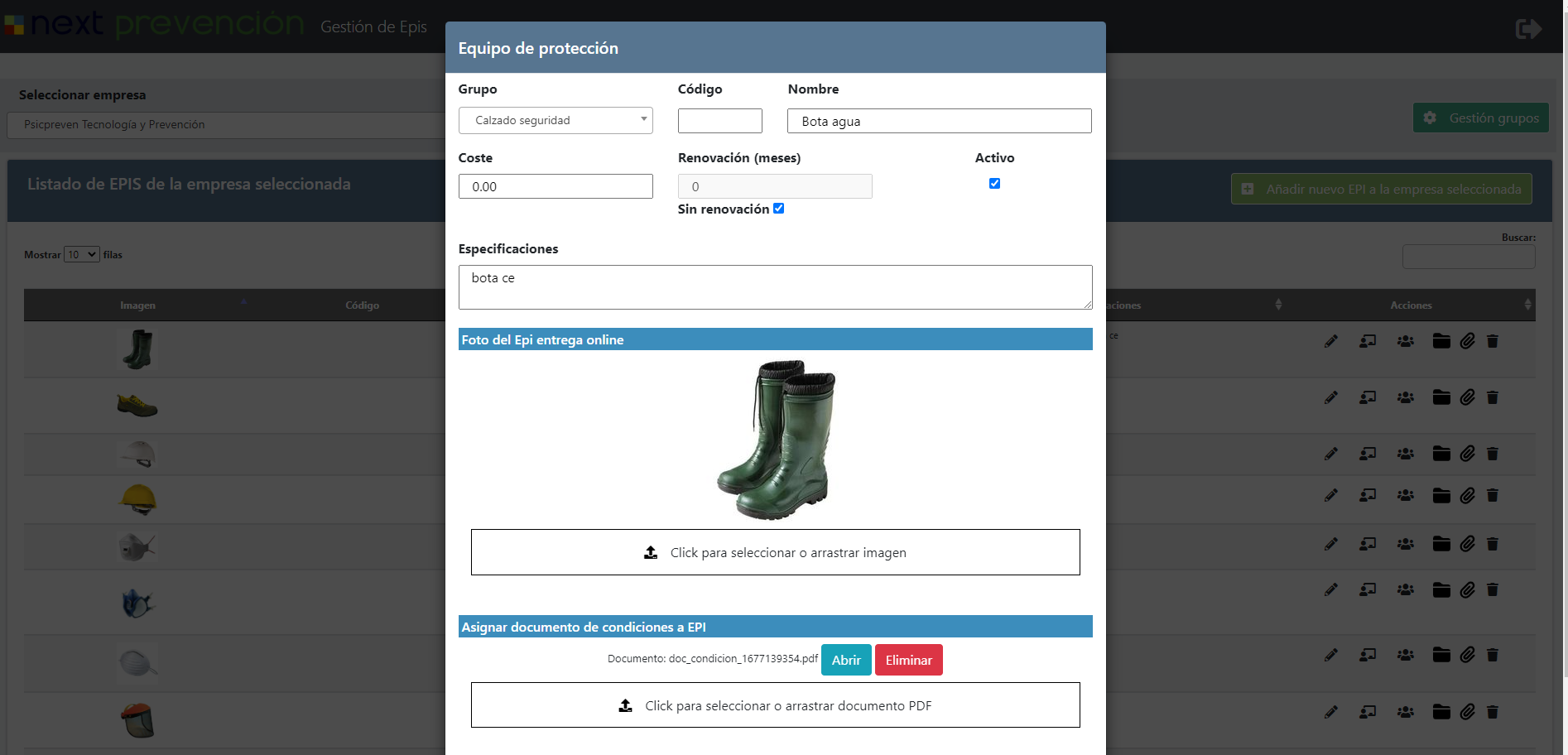 Gestión de EPIs en el software Next PRL (pantalla 3)