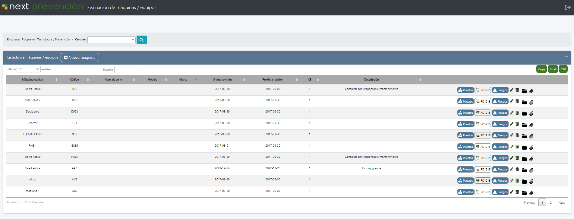 Evaluación de máquinas y equipos de trabajo en el software Next PRL (pantalla 1)