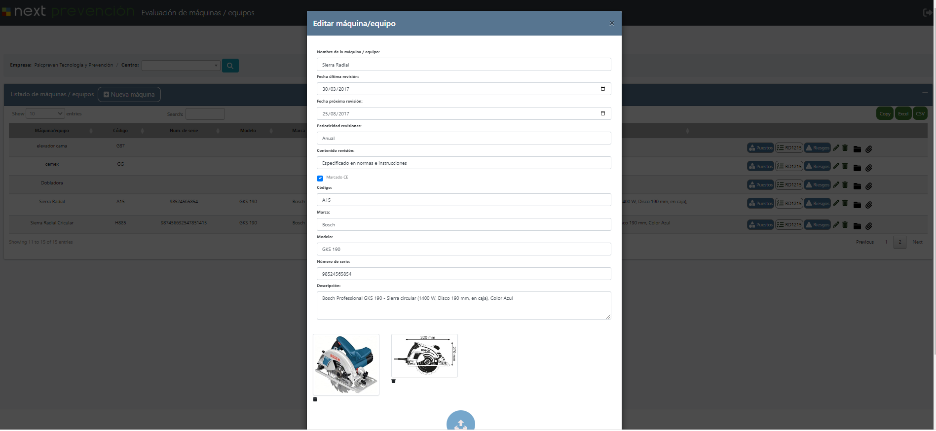 Evaluación de máquinas y equipos de trabajo en el software Next PRL (pantalla 2)