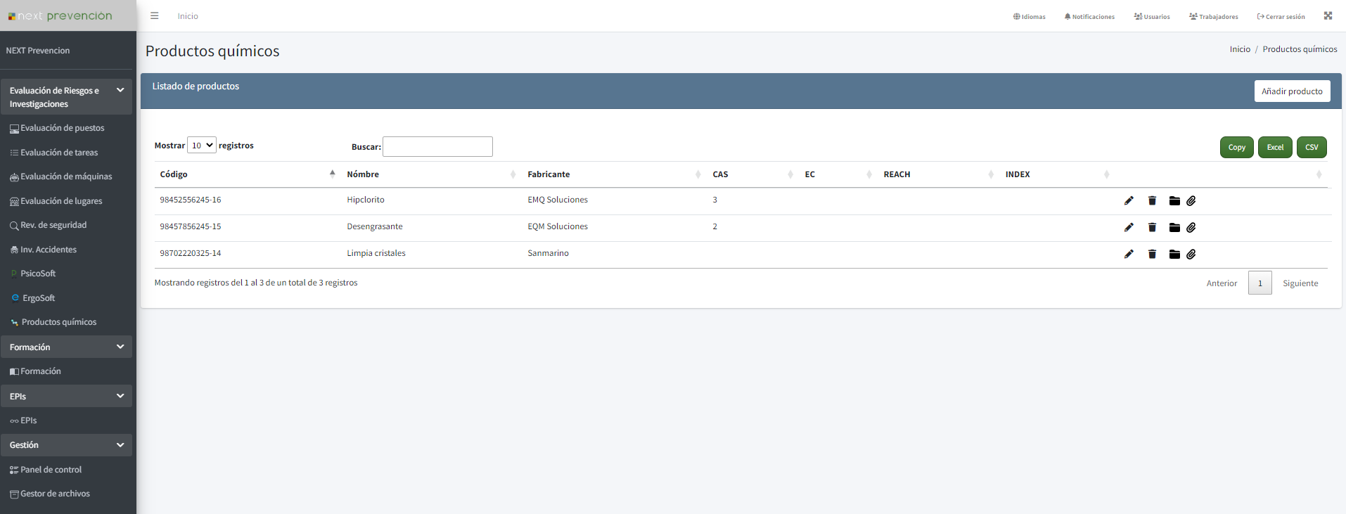 Higiene industrial en el software Next PRL (pantalla 1)
