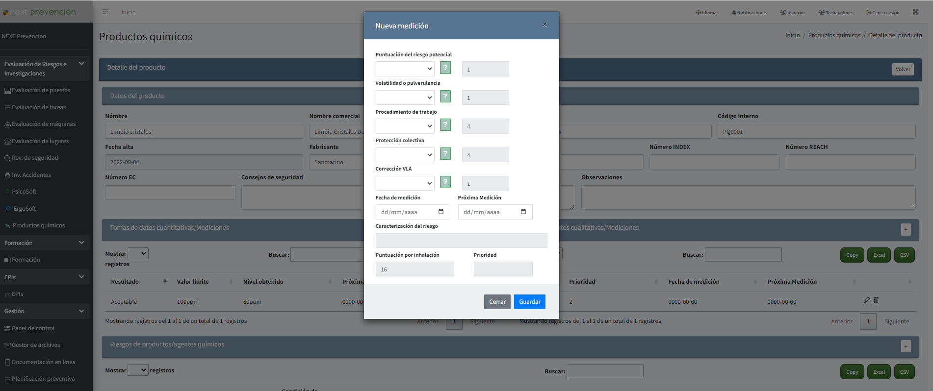 Higiene industrial en el software Next PRL (pantalla 2)