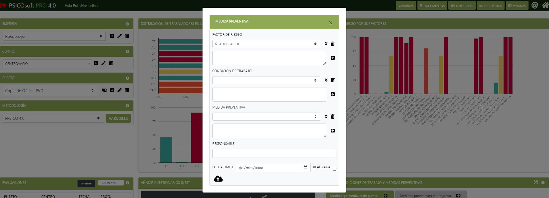 Evaluación de riesgos psicosociales en el software Next PRL (pantalla 1)
