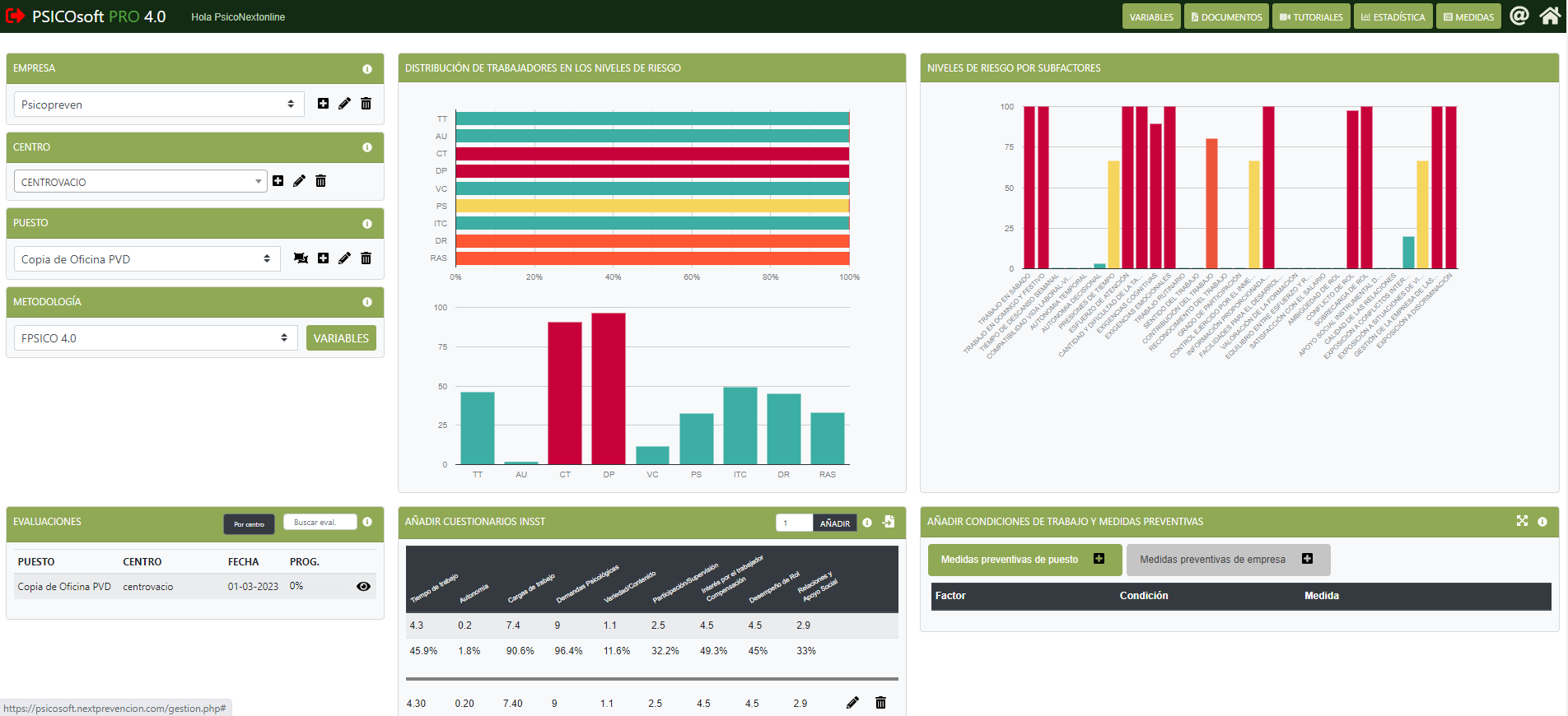 Evaluación de riesgos psicosociales en el software Next PRL (pantalla 2)