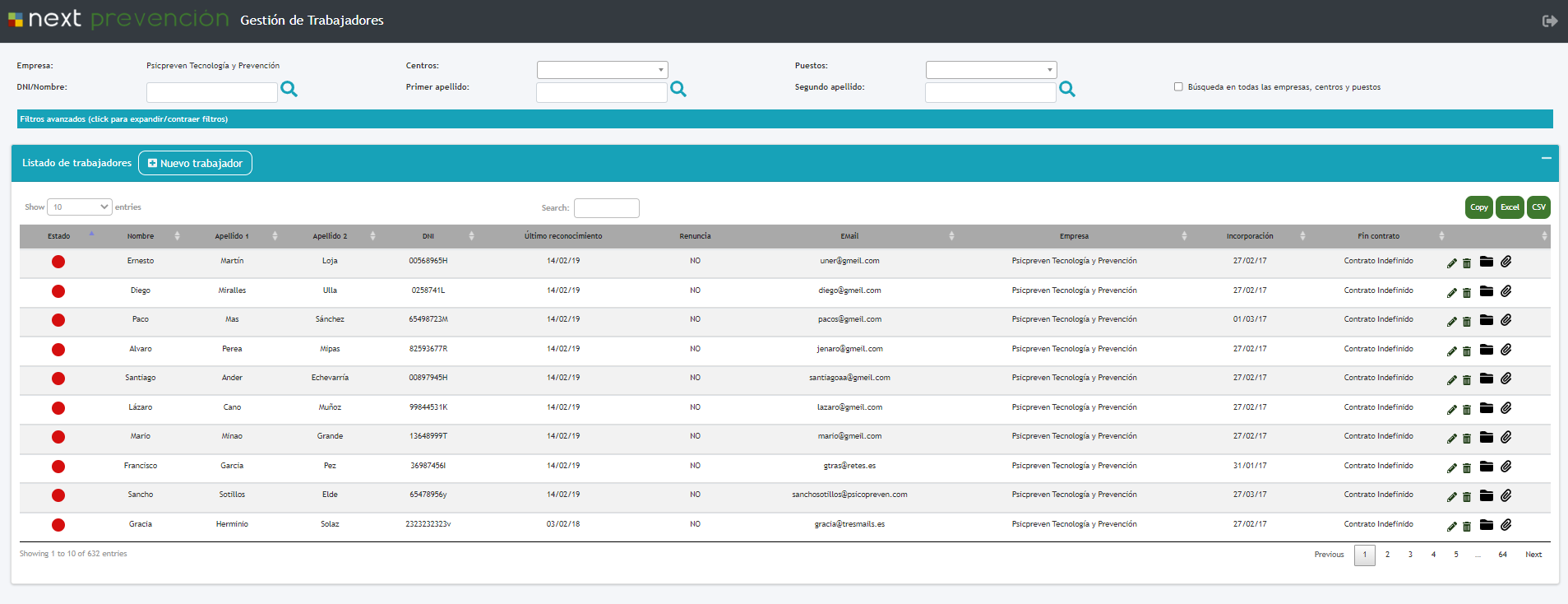 Gestión de trabajadores en el software Next PRL (pantalla 2)
