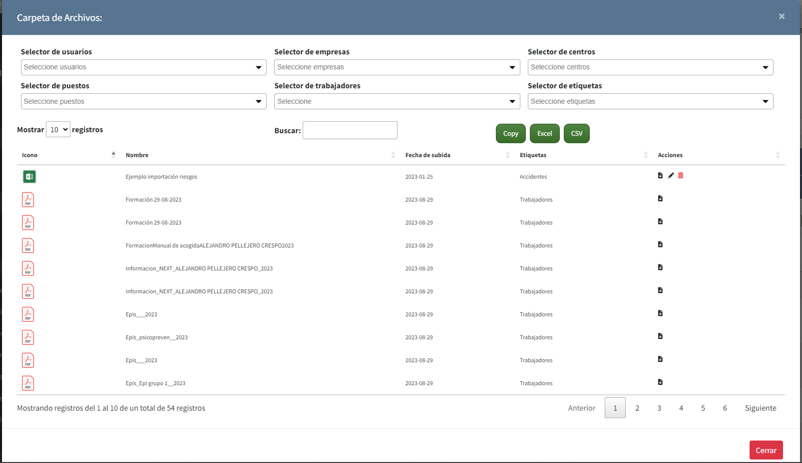 Gestor de archivos en el software Next PRL (pantalla 1)
