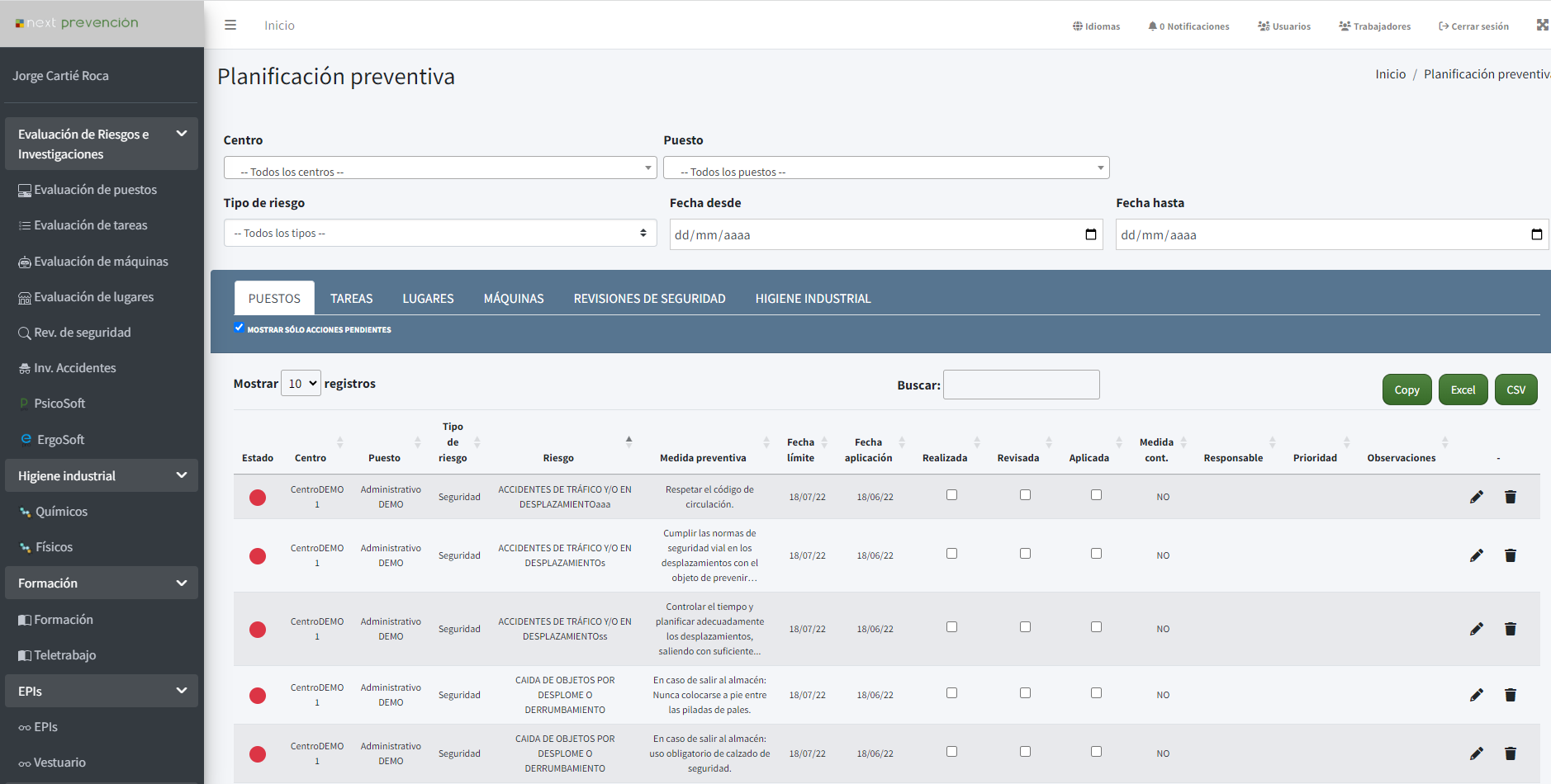 Planificación preventiva en el software Next PRL (pantalla 1)