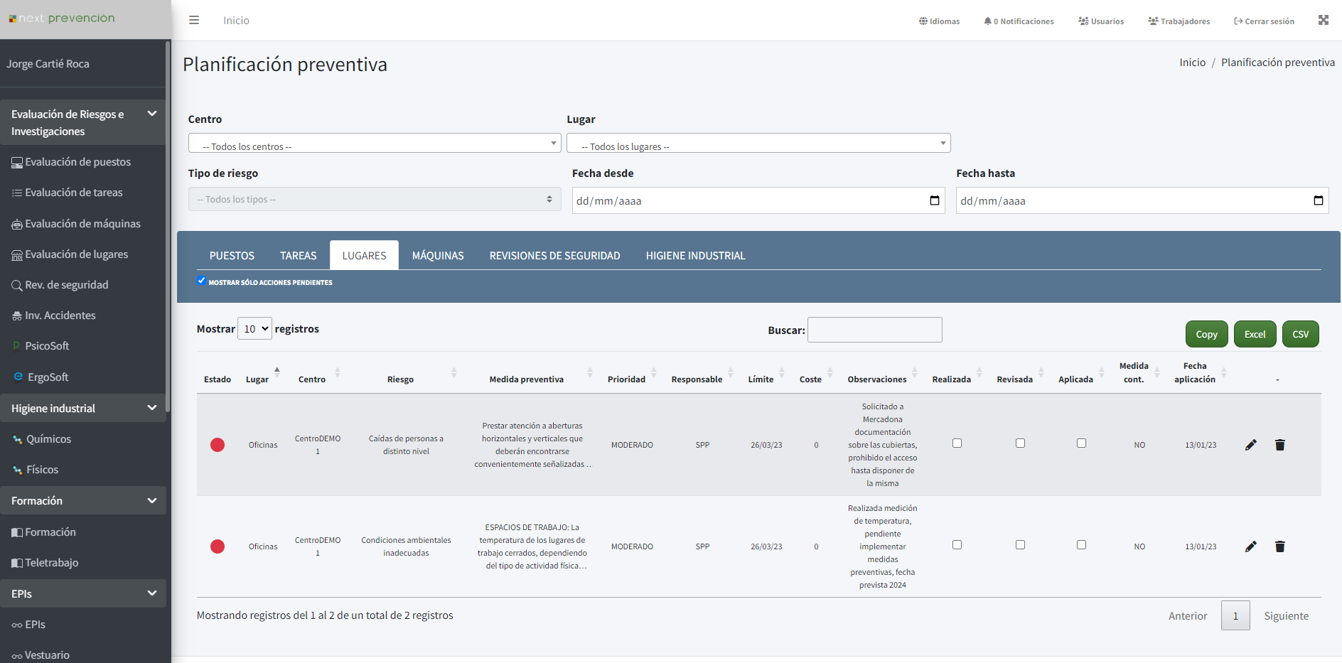 Planificación preventiva en el software Next PRL (pantalla 2)