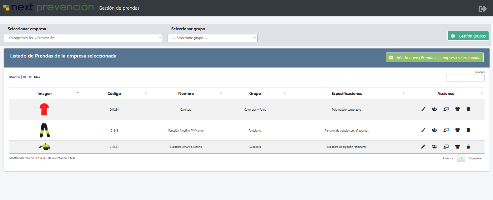 Gestión de ropa de trabajo en el software Next PRL (pantalla 2)