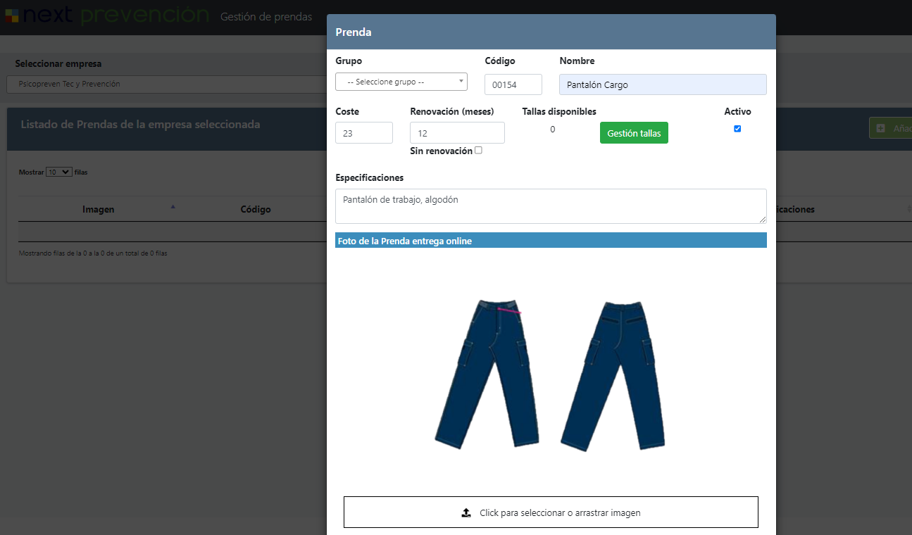 Gestión de ropa de trabajo en el software Next PRL (pantalla 3)