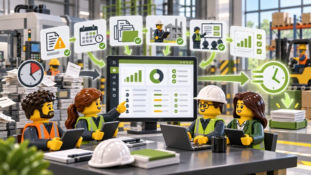 Técnicos de prevención comparando en pantalla los criterios para elegir un software de PRL