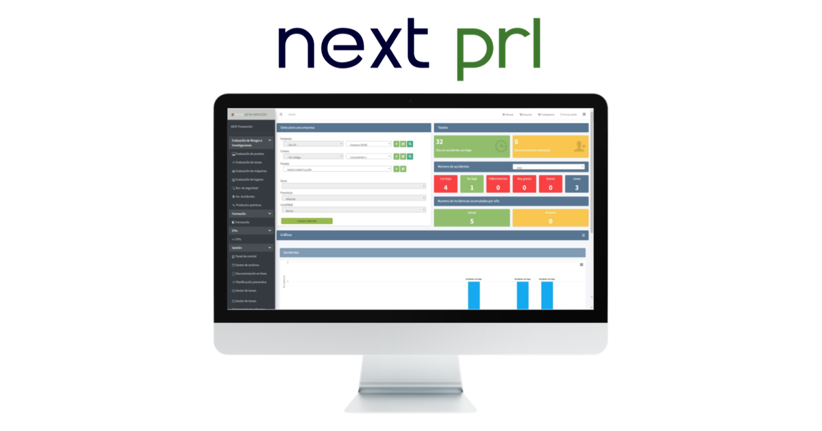 Plataforma online Next PRL, software de prevención de riesgos laborales, con su panel de control en pantalla