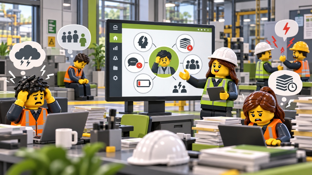 Técnica de prevención presentando en pantalla un panel de software de PRL a trabajadores de una oficina